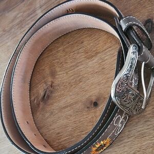 Women's Sunflower Brown Leather Belt with Silver Buckle Size 40